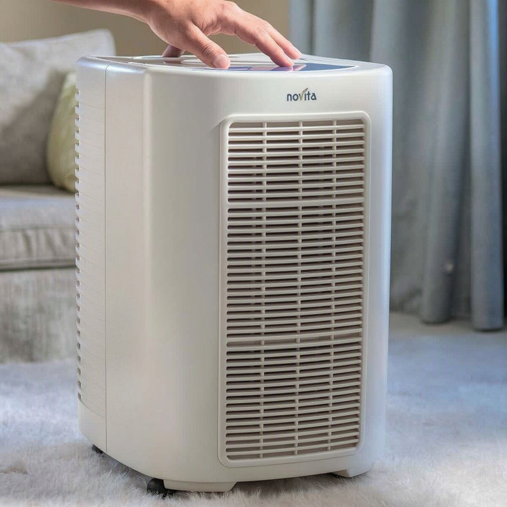 A hand touches the control panel of a Novita air purifier, known for being one of the Best Dehumidifiers in Singapore, as it stands on a carpeted floor in a lounge.