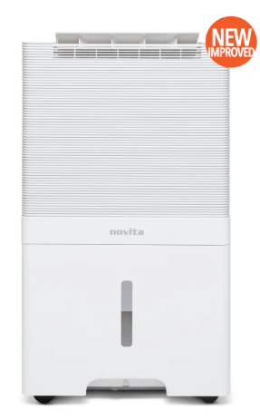 White Novita dehumidifier with a front water tank and a “NEW IMPROVED” label in the top right corner—an excellent example of DC motor dehumidifiers designed for efficient moisture control.