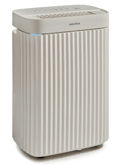 A white, rectangular air purifier with vertical grooves and a control panel on top, branded “novita,” is shown against a plain white background—an excellent companion for DC motor dehumidifiers and an essential addition to any comprehensive guide on clean air solutions.
