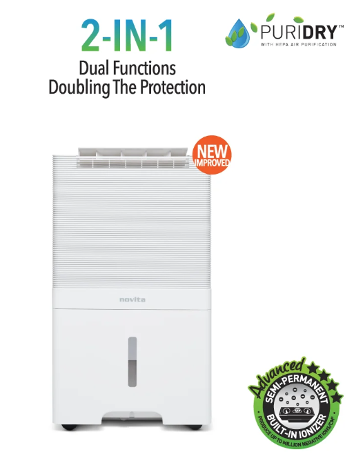 White Novita ND60i+ air purifier and dehumidifier with “2-IN-1” branding, highlighting dual functions, HEPA air purification, a built-in ioniser, and the benefits of large capacity dehumidifiers for enhanced indoor comfort.