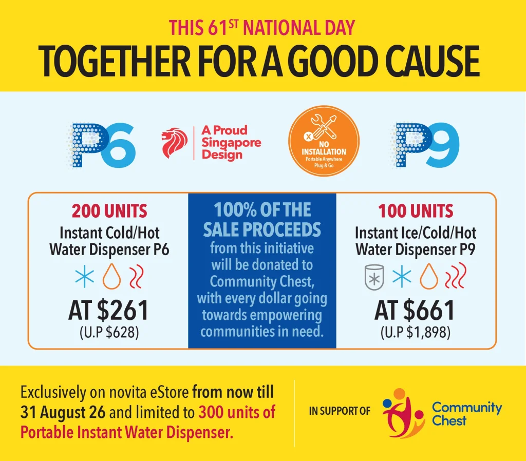 Promotional graphic for National Day Promotion showing prices and proceeds of two water dispensers, supporting a Good Cause with Community Chest. Limited to 300 units from 31 August to 14 September, sold exclusively on novita eStore.
