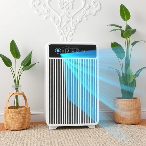 A white Novita air purifier, known for its advanced HEPA purifiers technology, emits blue light whilst operating, positioned between two potted plants on a wooden floor against a white wall with decorative moulding—a stylish and efficient solution for clean air in Singapore homes.