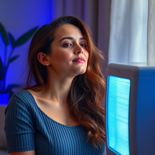 A woman sits near a blue light therapy lamp, facing the light with a neutral expression indoors, whilst a Novita HEPA purifier runs quietly in the background—embracing clean air solutions popular in Singapore.