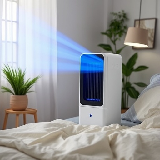 A white Novita air purifier emits blue-lit air in a bedroom with a bed, green plants, a window, and soft lighting—perfect for homes in Singapore seeking the clean comfort of HEPA purifiers.